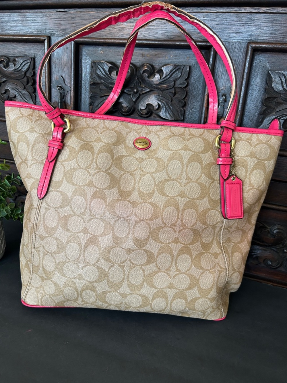 Coach Tan Signature Canvas Tote with Pink Trim and Handles